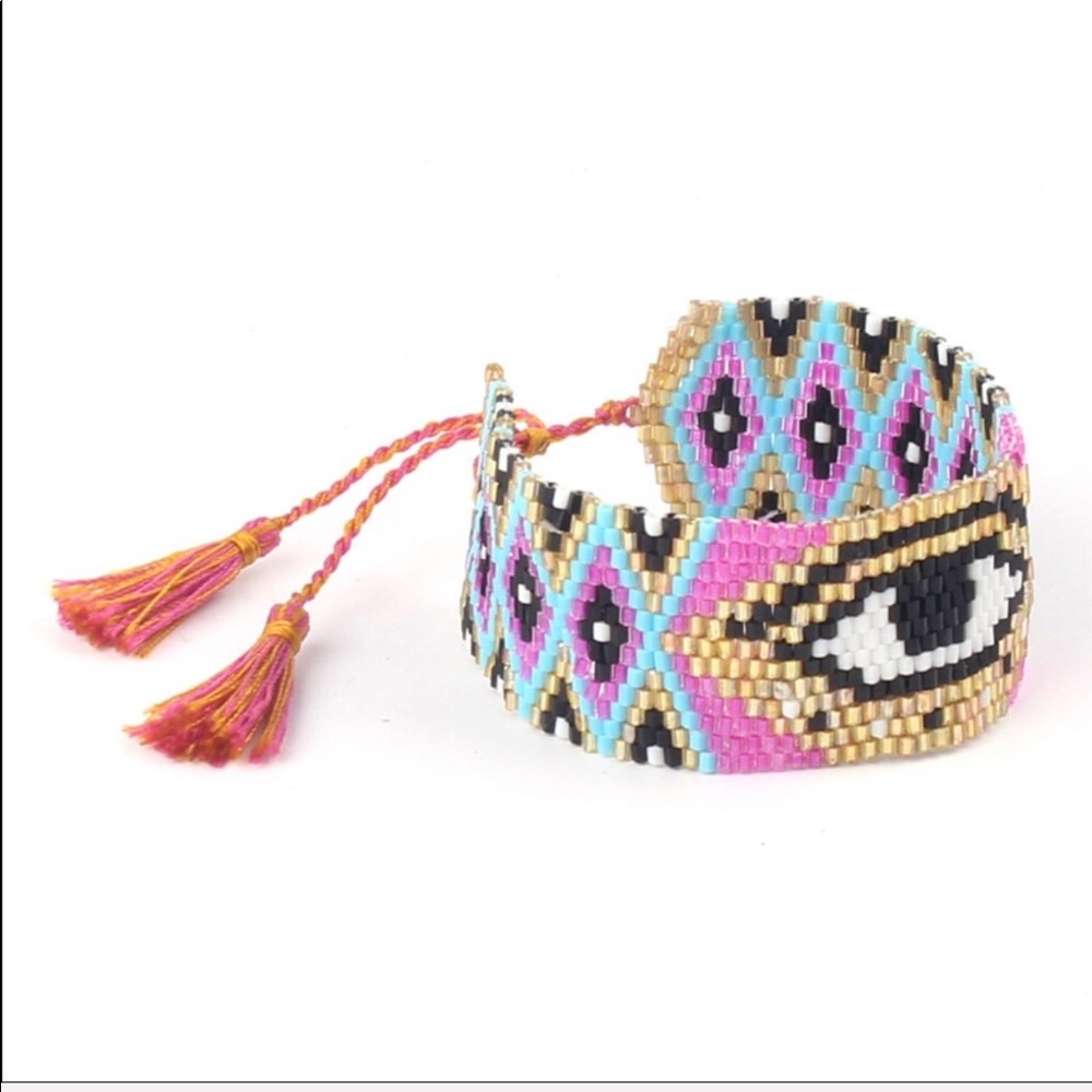 Evil Eye Beaded Cuff Bracelet Tassel Jewelry